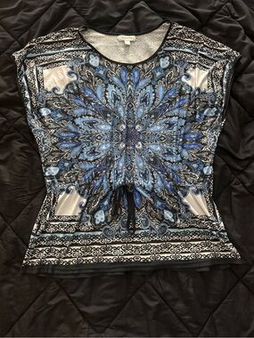 {DRESSBARN} Women's Blue & Black Patterned Tie Waist Floral Blouse